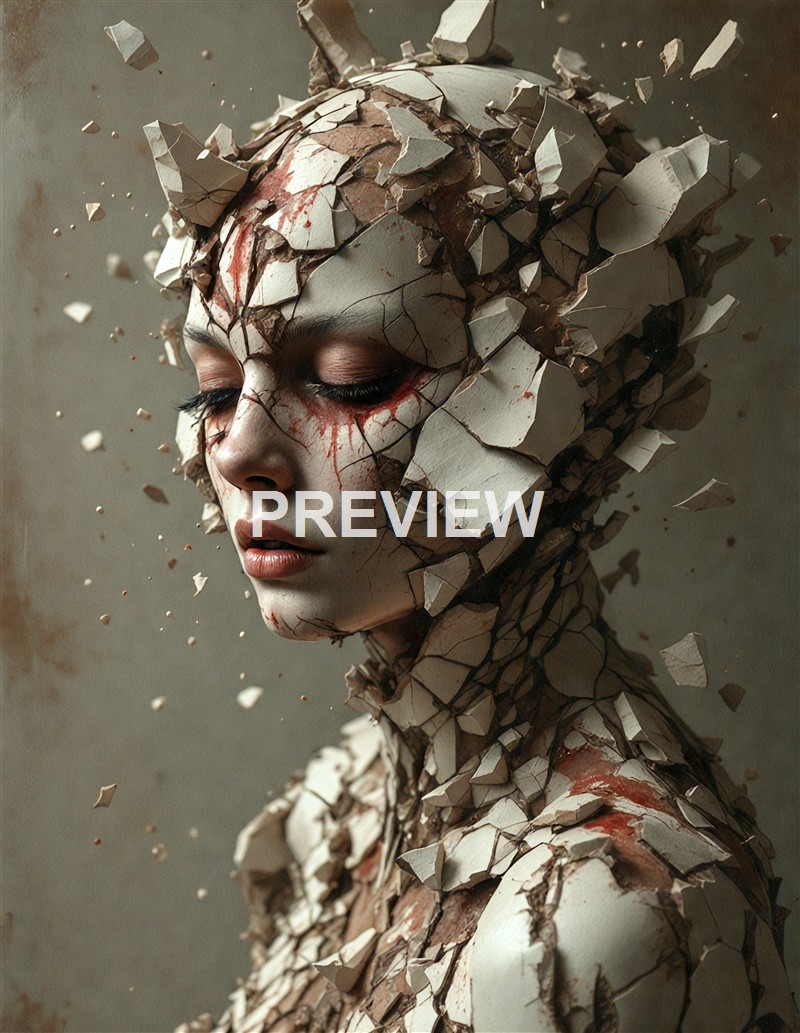 A woman with closed eyes and makeup, appears to be breaking apart into pieces, with her head and upper body shattering into fragments, revealing cracks and blood beneath the surface.